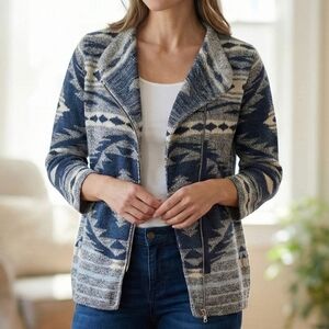Cotton Country Women's Blue Aztec Southwestern Zip Knit Cardigan Size Medium